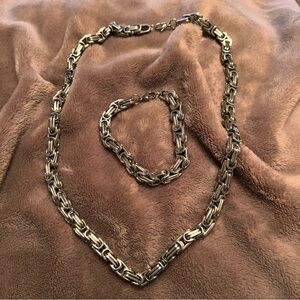 BYZANTINE Silver Stainless Steel Box Link Chain Necklace and Bracelet Set